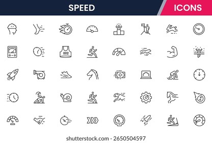 Coleção de ícones da linha da web do vetor de velocidade, ilustrações elegantes da velocidade, temporizadores, traços, projetos de alta energia.