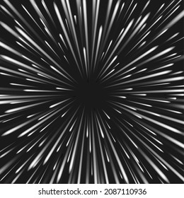 Speed warp. Warped lighting blast abstract vector background, sky lights beams space explosion graphic, through stars flash burst tech backdrop scifi energy dynamic space radiation