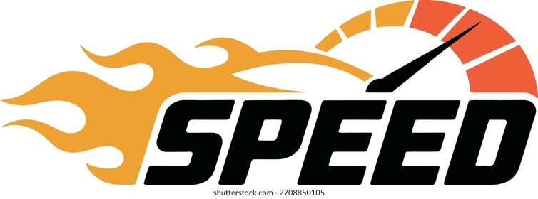 Geschwindigkeitswort mit Flamme und Geschwindigkeitsmesser, Vektorsymbol