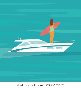 Speed yacht with surfer body positive woman in sea, ocean. Summer vacation seaside concept. Vector stock illustration isolated for advertisement beach surf school travel agency, yachting club, marine.