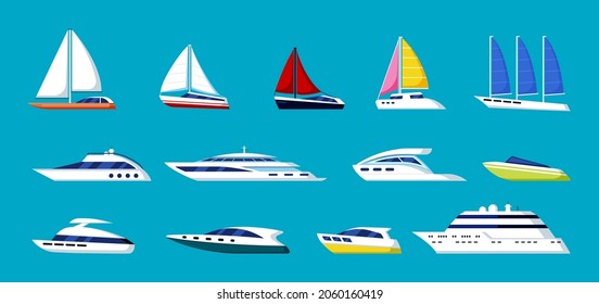 Speed yachts and sailboats set. Modern ships with luxurious bright design for world regatta and elite sailing of wealthy sea going fast frigates and schooners. Vector ocean travel.