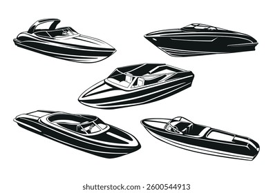 Speedboat black monochrome silhouette set isometric vector illustration. Speed water boat transportation luxury marine vehicle nautical jet sport yacht motorboat sea travel transport private journey
