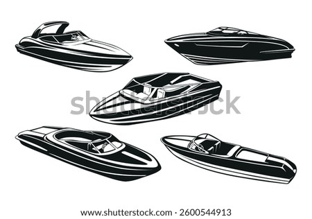 Speedboat black monochrome silhouette set isometric vector illustration. Speed water boat transportation luxury marine vehicle nautical jet sport yacht motorboat sea travel transport private journey