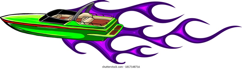 Speedboat flames vector illustration. Luxury and expensive boat.