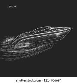 Speedboat hand drawn sketch. Luxury boat vector illustration. Streamline vessel chalk style