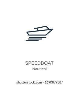 Speedboat icon. Thin linear speedboat outline icon isolated on white background from nautical collection. Line vector sign, symbol for web and mobile
