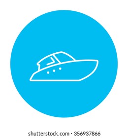 Speedboat line icon for web, mobile and infographics. Vector white icon on the light blue circle isolated on white background.