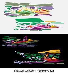 Speedboat racing in watercolor outline style. Sketch. Sailing regatta