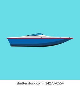 Speedboat side view vector flat icon. Motor cruise marine isolated ship yacht. Blue travel sport vessel journey summer