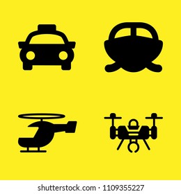 speedboat, taxi front view, helicopter and drone vector icon set. Sample icons set for web and graphic design