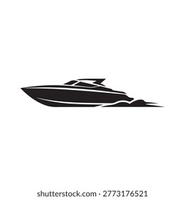 Speedboat vector silhouette moving fast on water waves