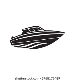 Speedboat with white lines on side moving fast on water with waves boat with canopy on top