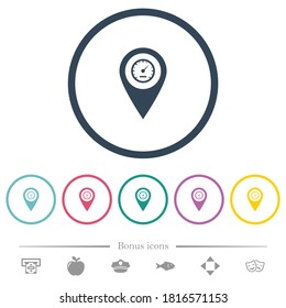 Speedcam GPS map location flat color icons in round outlines. 6 bonus icons included.