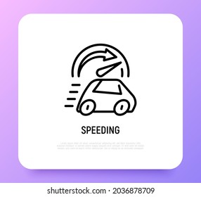 Avanzando, el auto va a andar rápido, el velocímetro al máximo. Icono de línea delgada. Ilustración vectorial.