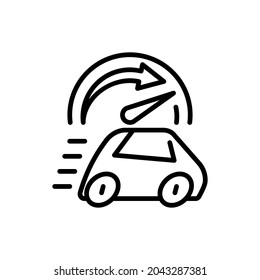 Geschwindigkeit, Auto fährt schnell, Tachometer auf Maximum. Dünne Linie Symbol. Vektorgrafik.