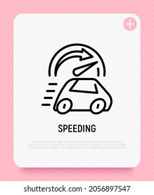 Geschwindigkeit, Auto fährt schnell, Tachometer auf Maximum. Dünne Linie Symbol. Vektorgrafik.