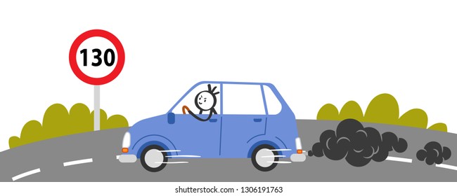 Speeding driver on the highway passing street limit sign. Stick man in blue car driving carelessly, isolated on white background