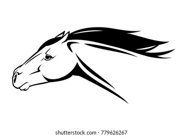 speeding horse - running mustang head black and white vector design