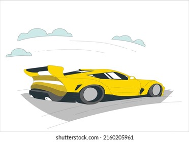 Carro de carreras acelerando con lo abstracto. vista posterior. Burla del vector del auto. Plantilla aislada de coche de cabriolet amarillo sobre blanco. EPS-10 separado por grupos y capas.