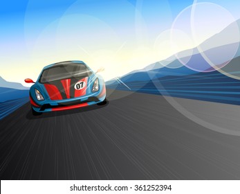 Speeding Race Car, coming forward on road/ race track.  Background with mountains & sky.  Lens Flare & Motion Blur added.