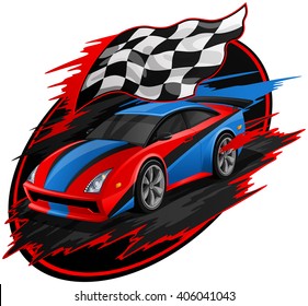 Speeding Racing Car with Checkered Flag & Racetrack Design 
