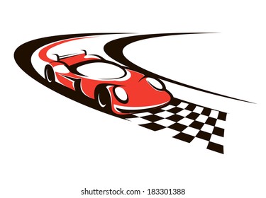 Speeding Racing Car Logo Crossing The Finish Line As It Roars Around A Bend Towards The Checkered Flag