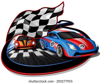 Speeding Racing Cars Approaching Finish Line With Checkered Flag & Racetrack Design.  The First Car Is Going Over The Finish Line. 