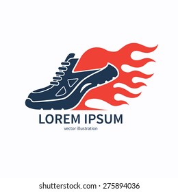 Speeding running shoe with fire. Sport and fitness logo, icon or symbol