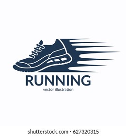 Speeding running shoe icon, symbol or logo. Sneaker silhouette with motion trails. Vector illustration