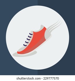 Speeding running shoe icons. Trainer, sneaker or sports shoe with speed and motion trails, logo element on white. Vector illustration.