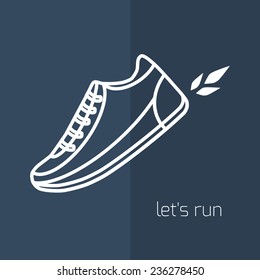 Speeding running shoe icons. Trainer, sneaker or sports shoe with speed and motion trails, logo element on white. Vector illustration.