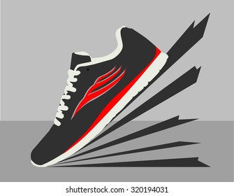 Speeding running shoe, sneaker or sports shoe with speed and motion trails, vector silhouette