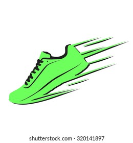 Speeding running sport shoe symbol, icon or logo. Vector illustration