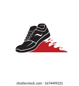 speeding running sport shoes with flame icon isolated on white background