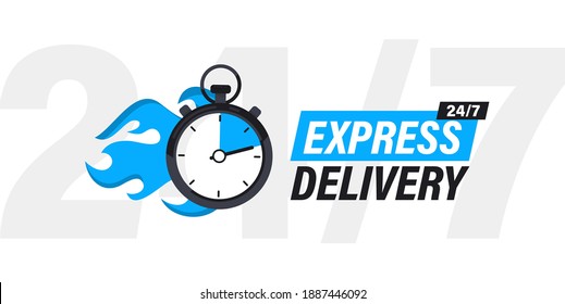 Speeding stopwatch on fire with inscription express delivery. Sticker, Fast delivery. Timer and express delivery. Urgent shipping services. Online delivery, quick move. fast distribution service 24 7