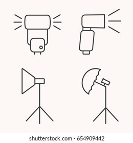 Speedlight with softbox line icon set, vector