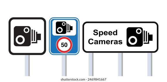 Speed-limit and traffic safety cameras. Blue and White Monochrome road speed camera sign. Speed camera sign on pole. vector illustration.