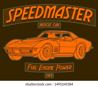 Speedmaster Muscle Car, full engine power vintage 1969 art with brown background .This design is suitable for old style or classic car garage, shops, repair. Also for car tshirts, stamps and hot rods