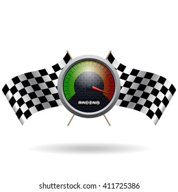 Speedo and two crossed checkered flags. Vector illustration. Isolated on white.