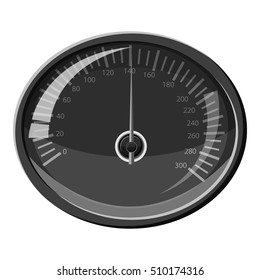 Speedometer 140 km in hour icon. Gray monochrome illustration of speedometer 140 km in hour vector icon for web