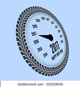 Speedometer 2017 year greeting. Styling by tire tracks. Vector illustration