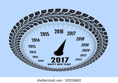 Speedometer 2017 year greeting. Styling by tire tracks. Vector illustration