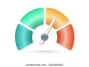 Icono del velocímetro 3d. Medidor de indicadores, señales indicadoras de velocidad. Puntuación crediticia, diseño de escala de riesgo. Ilustración vectorial.