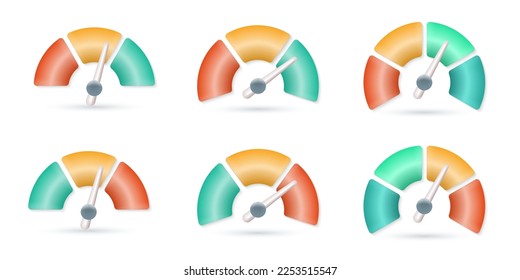 Speedometer 3d icon set. Gauge meter, speed indicator signs. Credit score, risk scale design. Vector illustration.