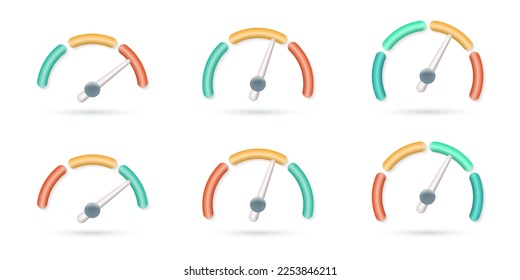 Juego de iconos 3d del velocímetro. Medidor de indicadores, señales indicadoras de velocidad. Puntuación crediticia, diseño de escala de riesgo. Ilustración vectorial.