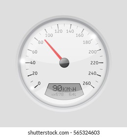 Speedometer. 90 kmh White round gauge on gray background. Vector 3d illustration.