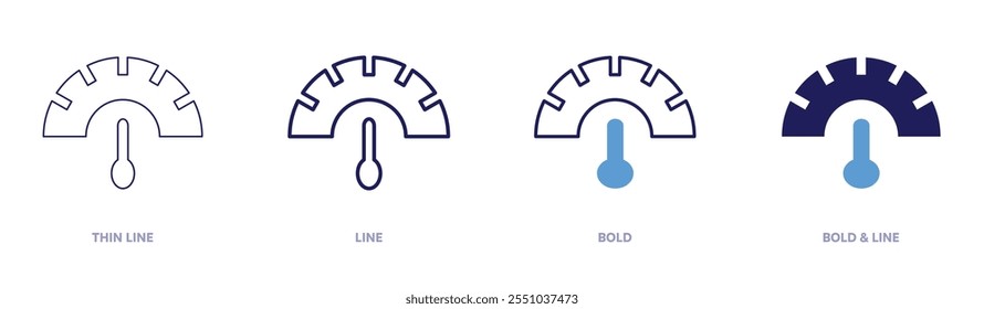 Ícone de precisão do velocímetro em 4 estilos diferentes. Linha fina, Linha, Negrito e Linha Negrito. Estilo duotônico. Traçado editável.