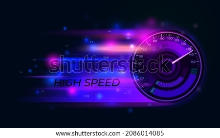 Vector Speedometer background. Speed techno timer, action car speeding. Abstract accelerating blue and pink lines, racing indicator recent vector banner
