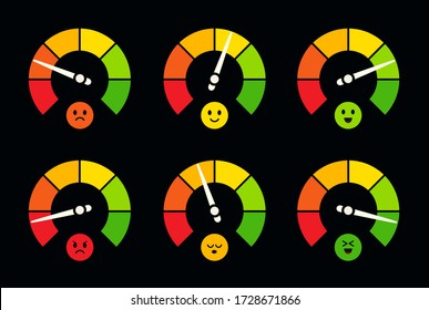 Speedometer, barometer, fuel and petrol gauge logo set. Dial indicator with emoji, dashboard sensor logotype collection. Colorful round meters, business performance scale. 
