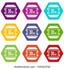Speedometer bike icon set many color hexahedron isolated on white vector illustration